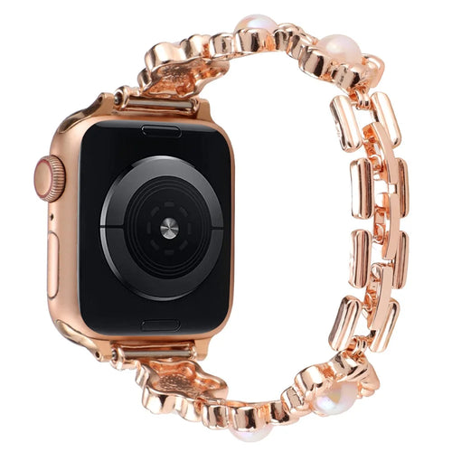 For Apple Watch Ultra 3 2 1 49mm / Series 11 10 46mm / 9 8 7 45mm / SE3 SE2 SE 6 5 4 44mm / 3 2 1 42mm Metal Watch Band Flower Docor Strap - Rose Gold - 1