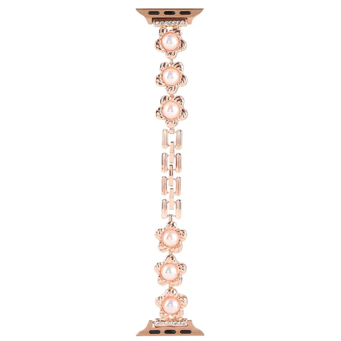 For Apple Watch Ultra 3 2 1 49mm / Series 11 10 46mm / 9 8 7 45mm / SE3 SE2 SE 6 5 4 44mm / 3 2 1 42mm Metal Watch Band Flower Docor Strap - Rose Gold - 2