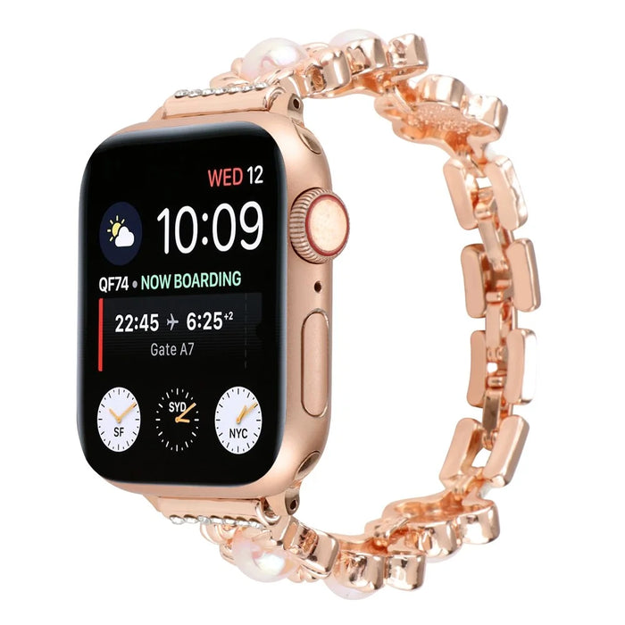 For Apple Watch Ultra 3 2 1 49mm / Series 11 10 46mm / 9 8 7 45mm / SE3 SE2 SE 6 5 4 44mm / 3 2 1 42mm Metal Watch Band Flower Docor Strap - Rose Gold - 3