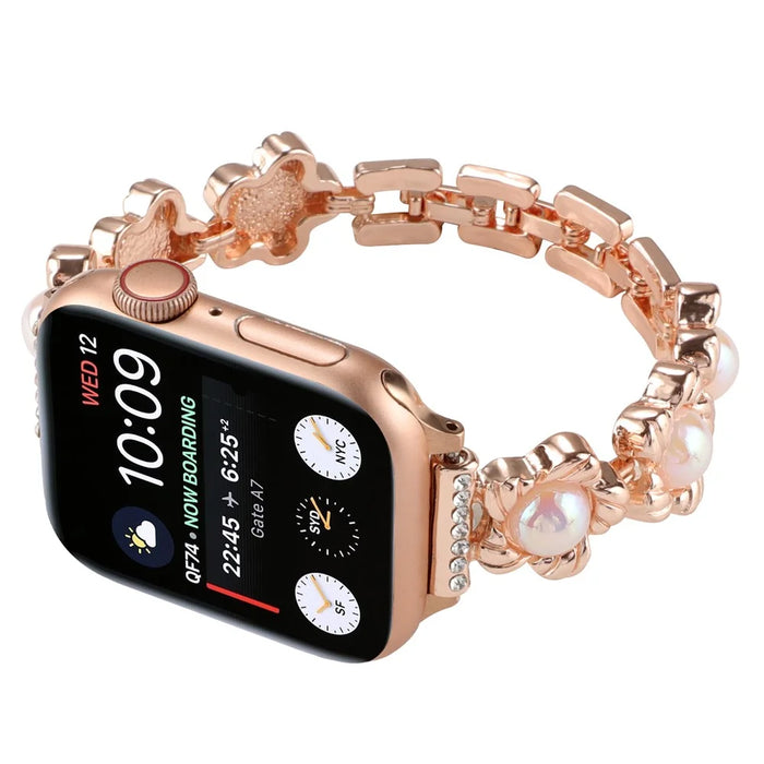 For Apple Watch Ultra 3 2 1 49mm / Series 11 10 46mm / 9 8 7 45mm / SE3 SE2 SE 6 5 4 44mm / 3 2 1 42mm Metal Watch Band Flower Docor Strap - Rose Gold - 4
