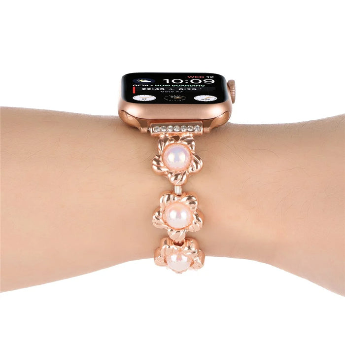 For Apple Watch Ultra 3 2 1 49mm / Series 11 10 46mm / 9 8 7 45mm / SE3 SE2 SE 6 5 4 44mm / 3 2 1 42mm Metal Watch Band Flower Docor Strap - Rose Gold - 5