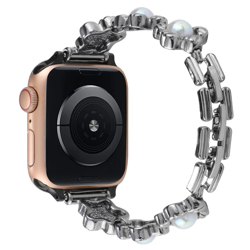 Watch Strap for Apple Watch Series 11 10 42mm / 9 8 7 41mm / SE3 SE2 SE 6 5 4 40mm / 3 2 1 38mm Watch Strap Flower Docor Metal Band Bracelet - Black - 1