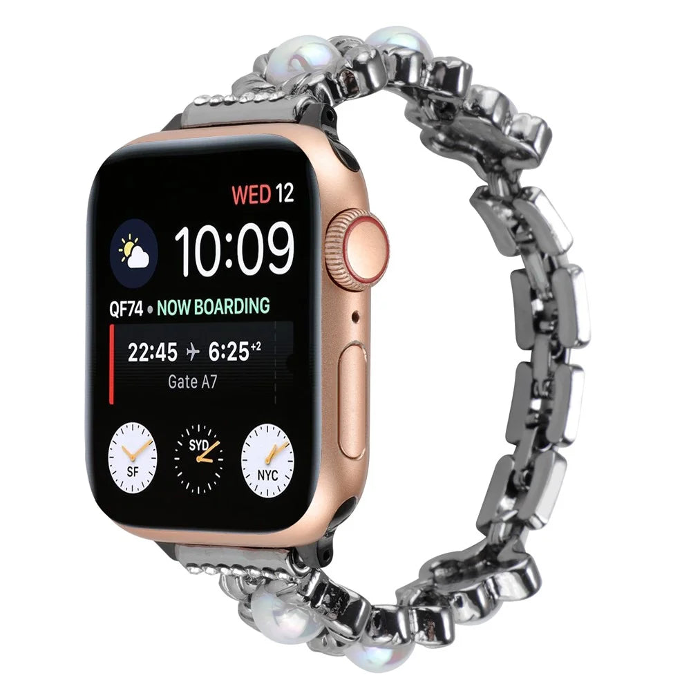 Watch Strap for Apple Watch Series 11 10 42mm / 9 8 7 41mm / SE3 SE2 SE 6 5 4 40mm / 3 2 1 38mm Watch Strap Flower Docor Metal Band Bracelet - Black - 3