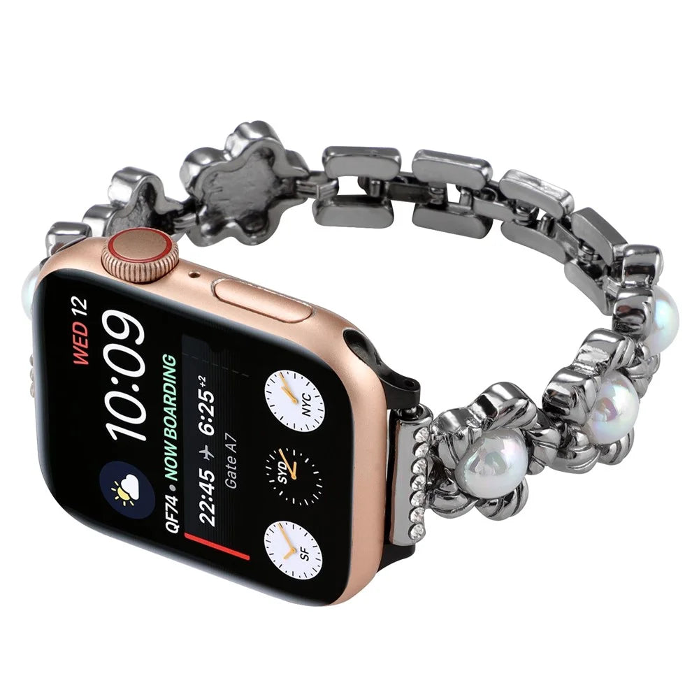 Watch Strap for Apple Watch Series 11 10 42mm / 9 8 7 41mm / SE3 SE2 SE 6 5 4 40mm / 3 2 1 38mm Watch Strap Flower Docor Metal Band Bracelet - Black - 4