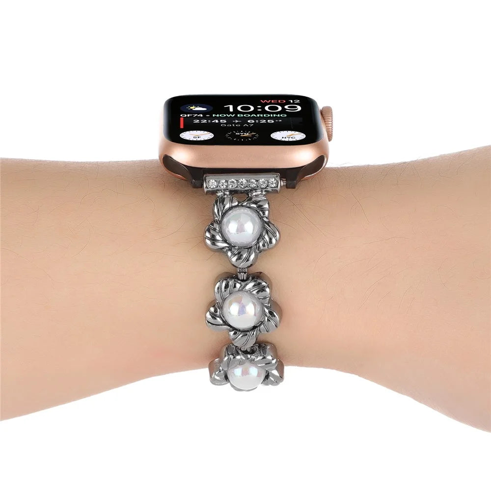 Watch Strap for Apple Watch Series 11 10 42mm / 9 8 7 41mm / SE3 SE2 SE 6 5 4 40mm / 3 2 1 38mm Watch Strap Flower Docor Metal Band Bracelet - Black - 5