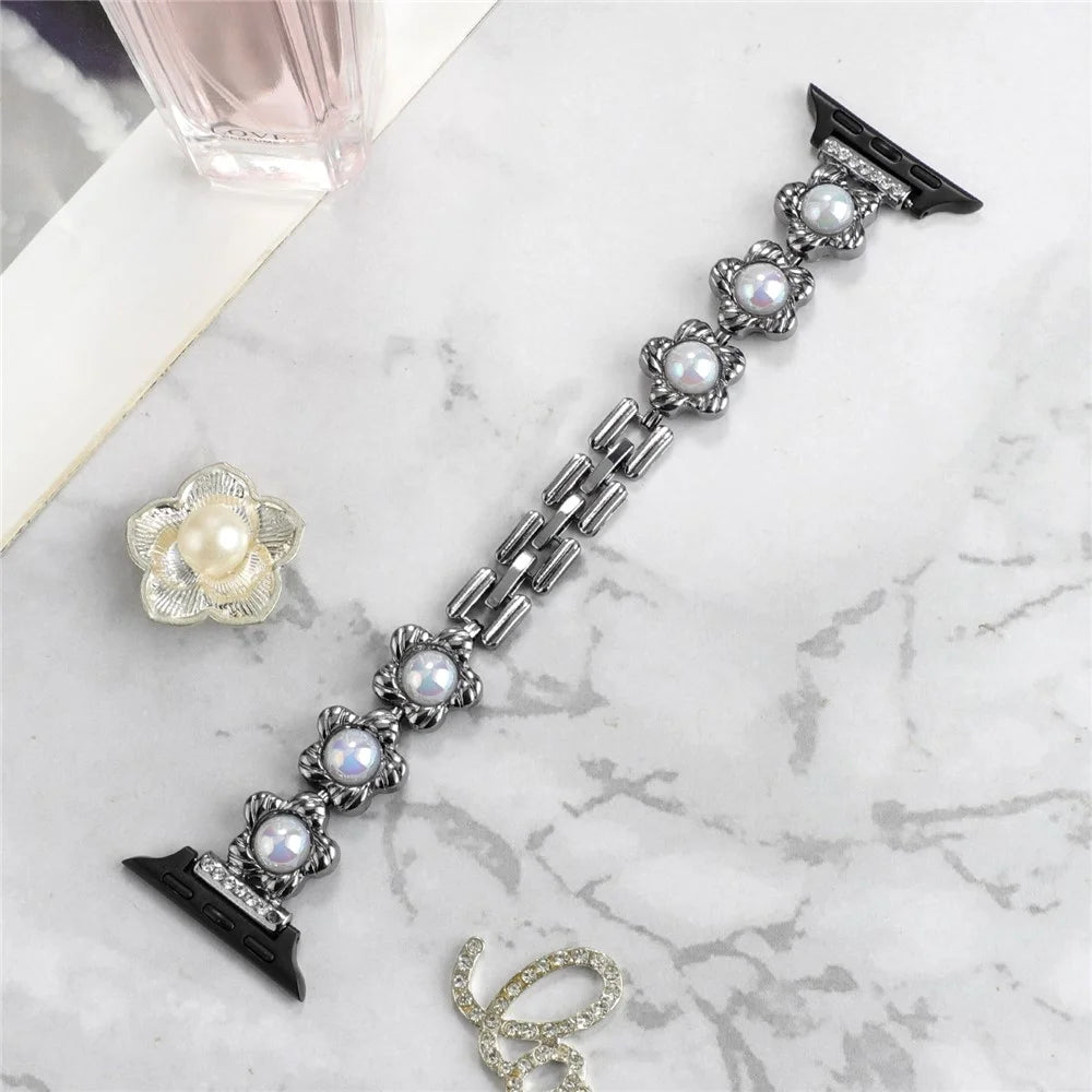 Watch Strap for Apple Watch Series 11 10 42mm / 9 8 7 41mm / SE3 SE2 SE 6 5 4 40mm / 3 2 1 38mm Watch Strap Flower Docor Metal Band Bracelet - Black - 6