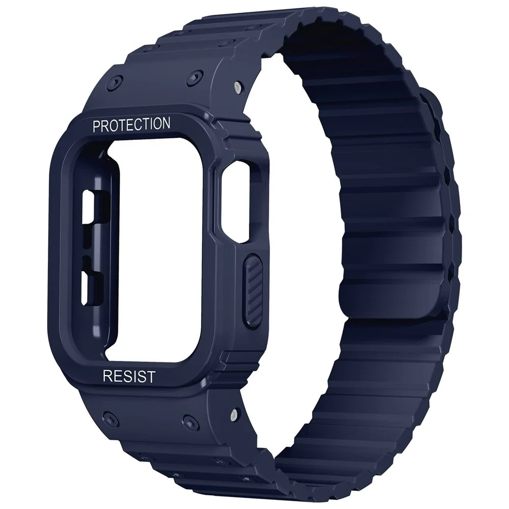For Apple Watch Ultra 49mm Watch Band Magnetic Silicone Strap with Protective Watch Case - Midnight Blue - 1