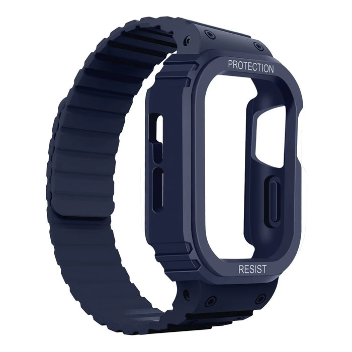 For Apple Watch Ultra 49mm Watch Band Magnetic Silicone Strap with Protective Watch Case - Midnight Blue - 3