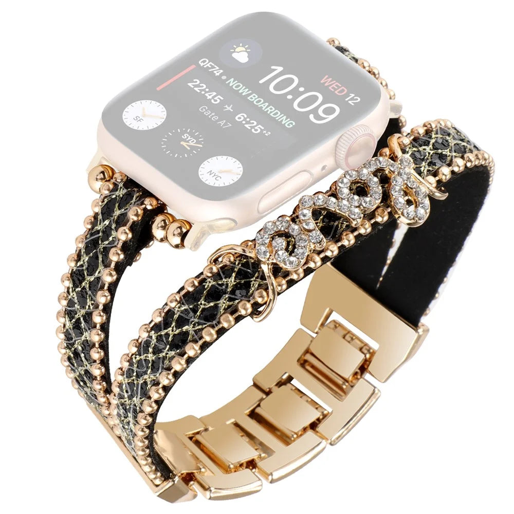 Watch Strap for Apple Watch Series 11 10 42mm / 9 8 7 41mm / SE3 SE2 SE 6 5 4 40mm / 3 2 1 38mm Leather+Metal Watch Strap with Rhinestone - Black - 1