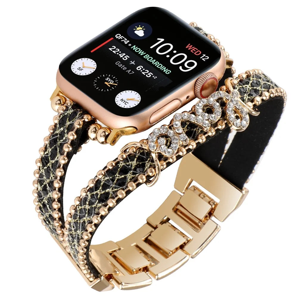 Watch Strap for Apple Watch Series 11 10 42mm / 9 8 7 41mm / SE3 SE2 SE 6 5 4 40mm / 3 2 1 38mm Leather+Metal Watch Strap with Rhinestone - Black - 2