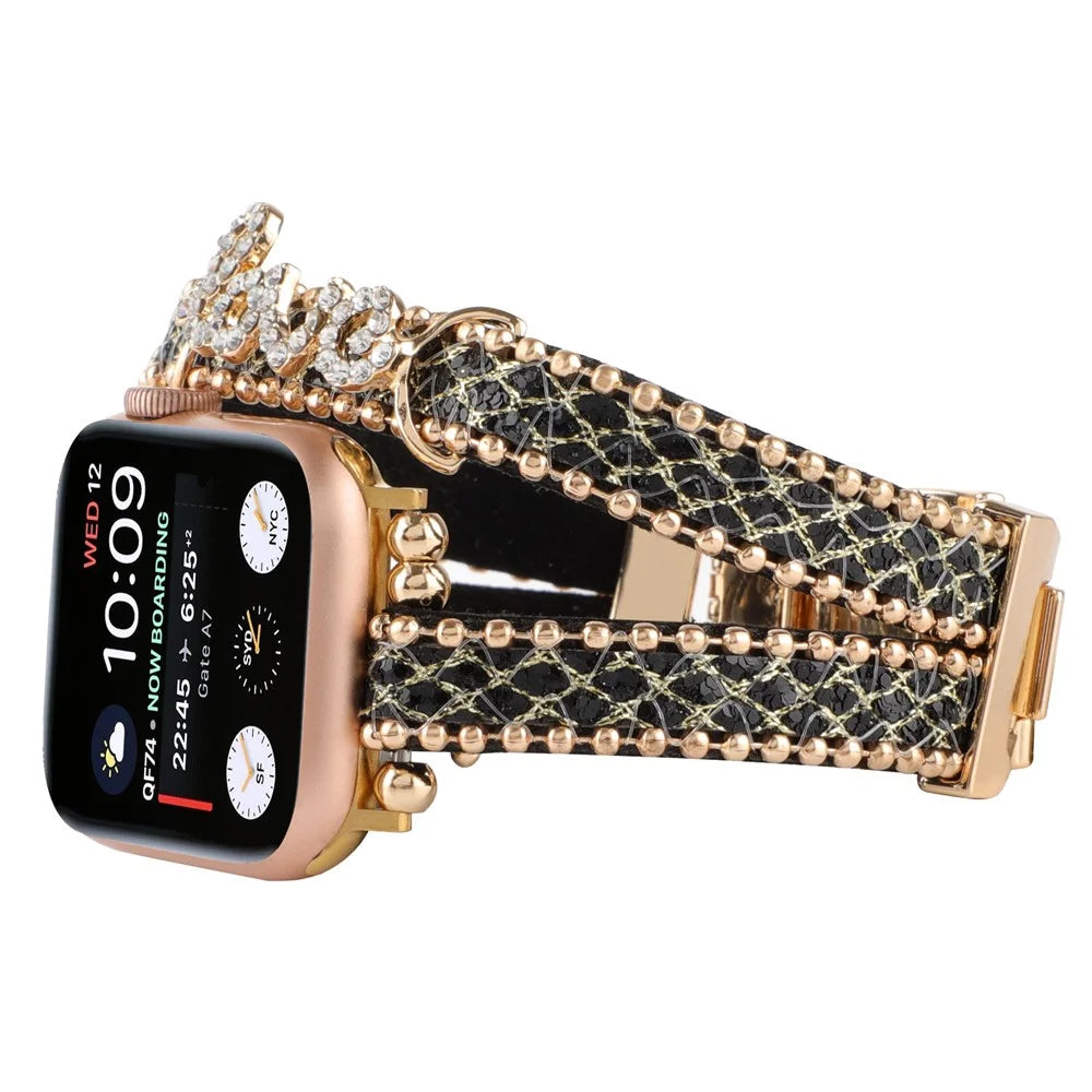 Watch Strap for Apple Watch Series 11 10 42mm / 9 8 7 41mm / SE3 SE2 SE 6 5 4 40mm / 3 2 1 38mm Leather+Metal Watch Strap with Rhinestone - Black - 3