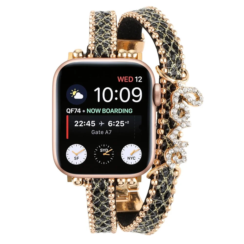 Watch Strap for Apple Watch Series 11 10 42mm / 9 8 7 41mm / SE3 SE2 SE 6 5 4 40mm / 3 2 1 38mm Leather+Metal Watch Strap with Rhinestone - Black - 4