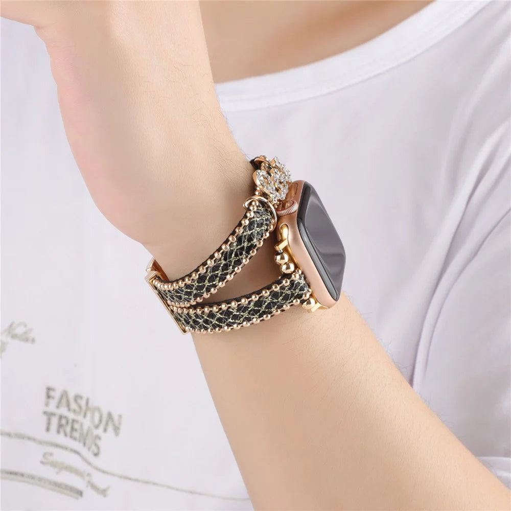Watch Strap for Apple Watch Series 11 10 42mm / 9 8 7 41mm / SE3 SE2 SE 6 5 4 40mm / 3 2 1 38mm Leather+Metal Watch Strap with Rhinestone - Black - 5