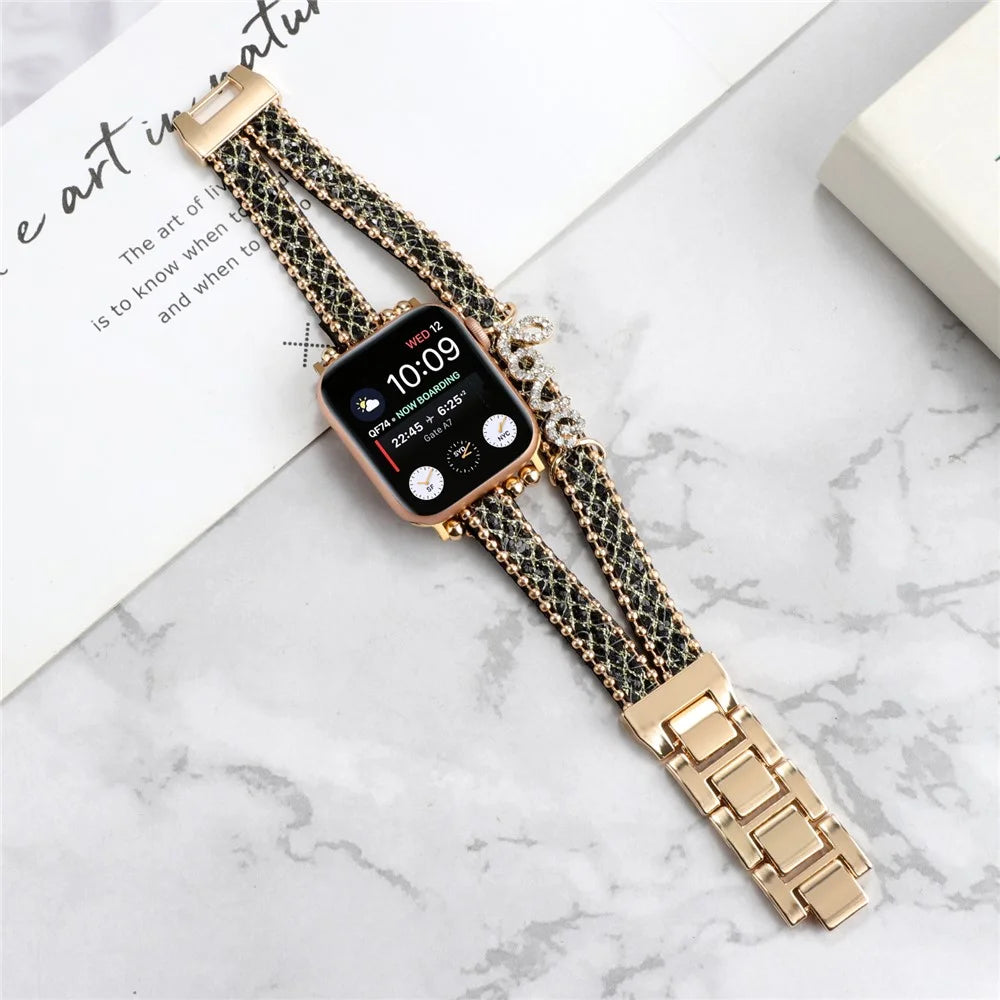Watch Strap for Apple Watch Series 11 10 42mm / 9 8 7 41mm / SE3 SE2 SE 6 5 4 40mm / 3 2 1 38mm Leather+Metal Watch Strap with Rhinestone - Black - 6