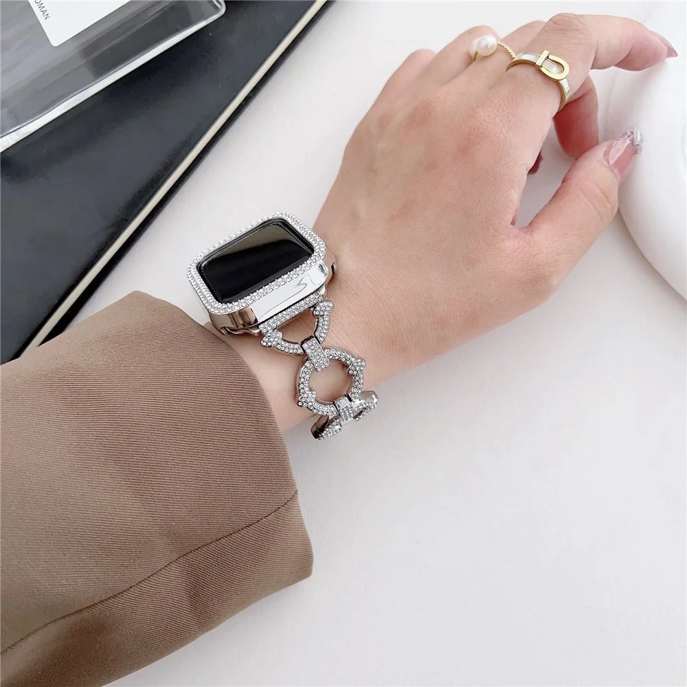 For Apple Watch Ultra 3 2 1 49mm / Series 11 10 46mm / 9 8 7 45mm / SE3 SE2 SE 6 5 4 44mm / 3 2 1 42mm Metal O-Shape Watch Strap with Rhinestone - Gold - 3