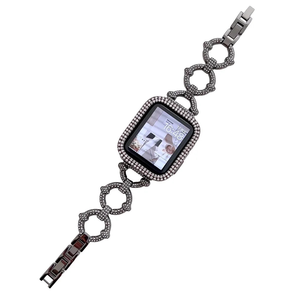 Watch Strap for Apple Watch Series 11 10 42mm / 9 8 7 41mm / SE3 SE2 SE 6 5 4 40mm / 3 2 1 38mm O-Shape Rhinestone Metal Watch Strap - Black - 1