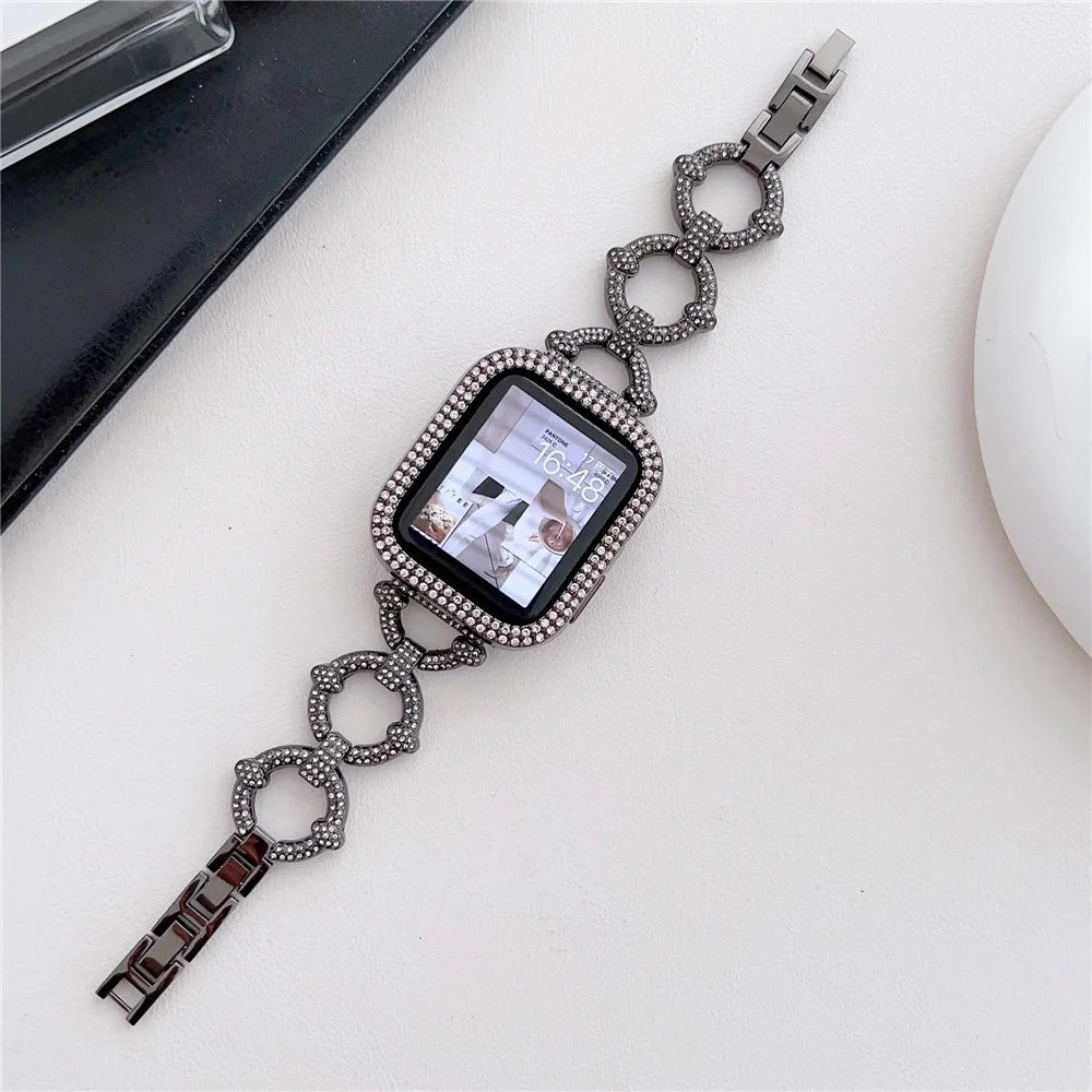 Watch Strap for Apple Watch Series 11 10 42mm / 9 8 7 41mm / SE3 SE2 SE 6 5 4 40mm / 3 2 1 38mm O-Shape Rhinestone Metal Watch Strap - Black - 2