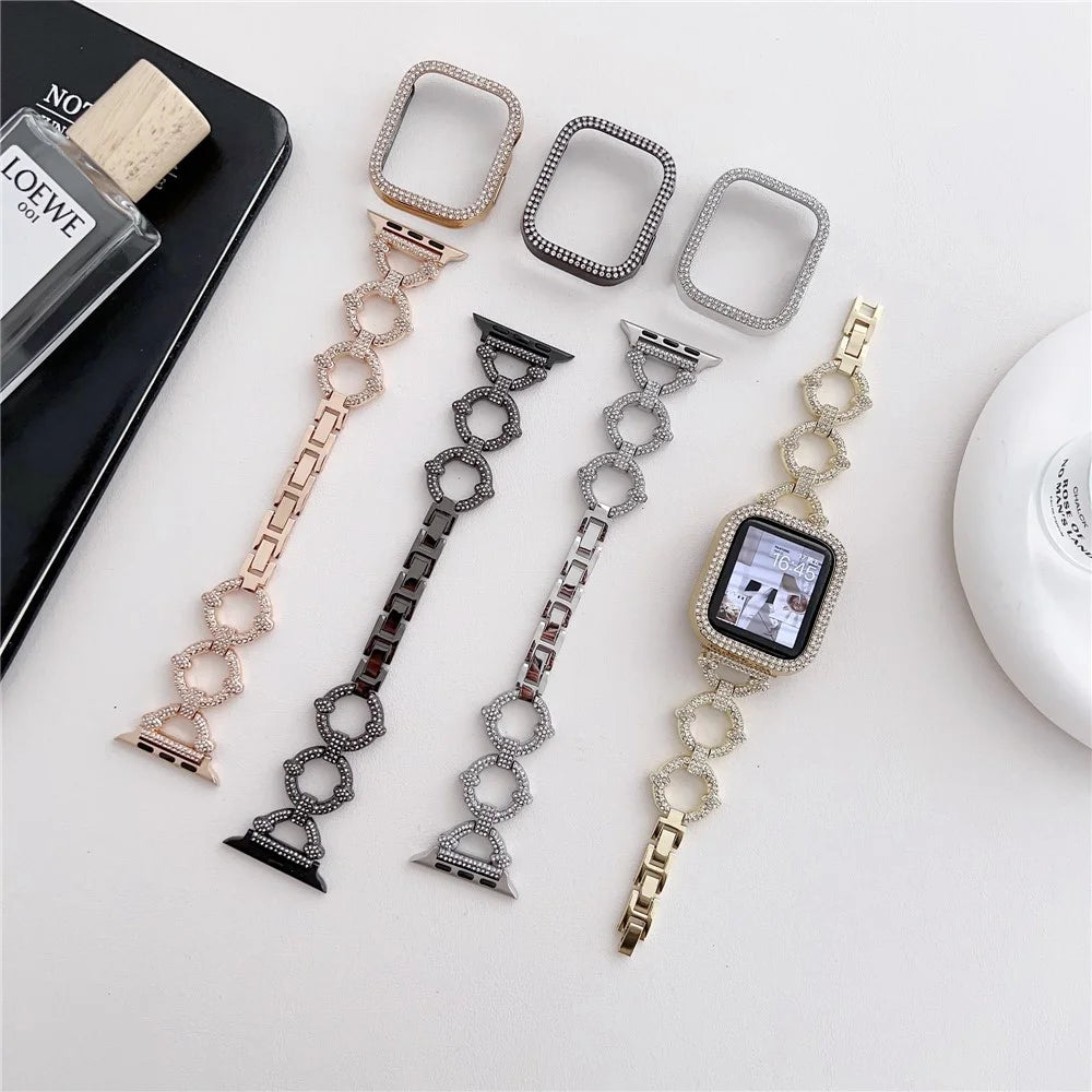 Watch Strap for Apple Watch Series 11 10 42mm / 9 8 7 41mm / SE3 SE2 SE 6 5 4 40mm / 3 2 1 38mm O-Shape Rhinestone Metal Watch Strap - Black - 5