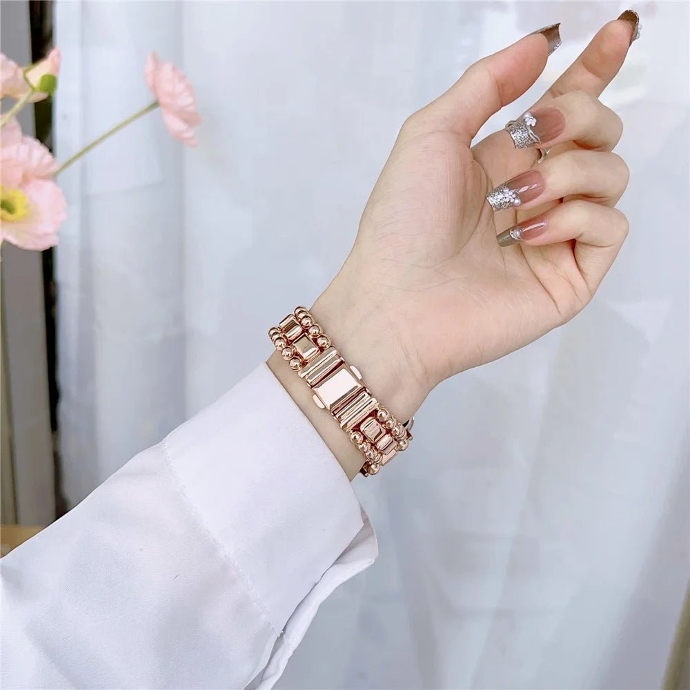 For Apple Watch Ultra 3 2 1 49mm / Series 11 10 46mm / 9 8 7 45mm / SE3 SE2 SE 6 5 4 44mm / 3 2 1 42mm Smartwatch Band Metal Bead Strap - Rose Gold - 2