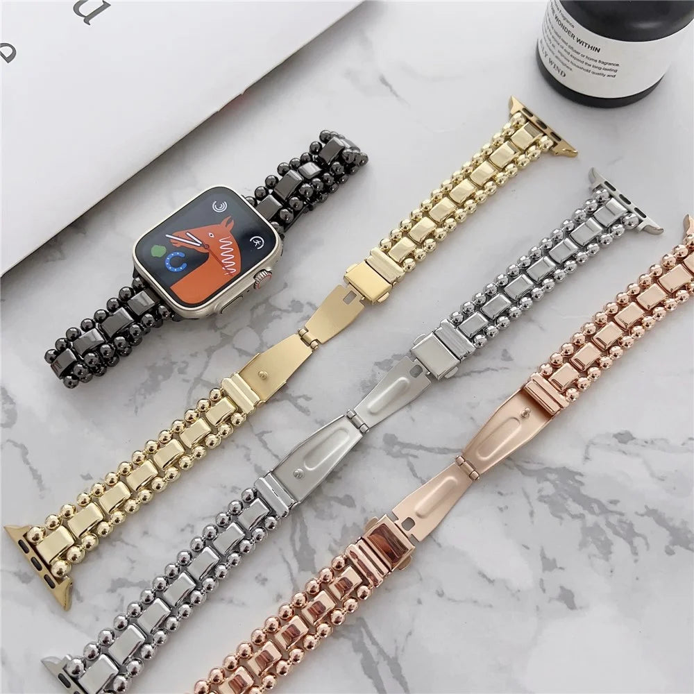 For Apple Watch Ultra 3 2 1 49mm / Series 11 10 46mm / 9 8 7 45mm / SE3 SE2 SE 6 5 4 44mm / 3 2 1 42mm Smartwatch Band Metal Bead Strap - Rose Gold - 3