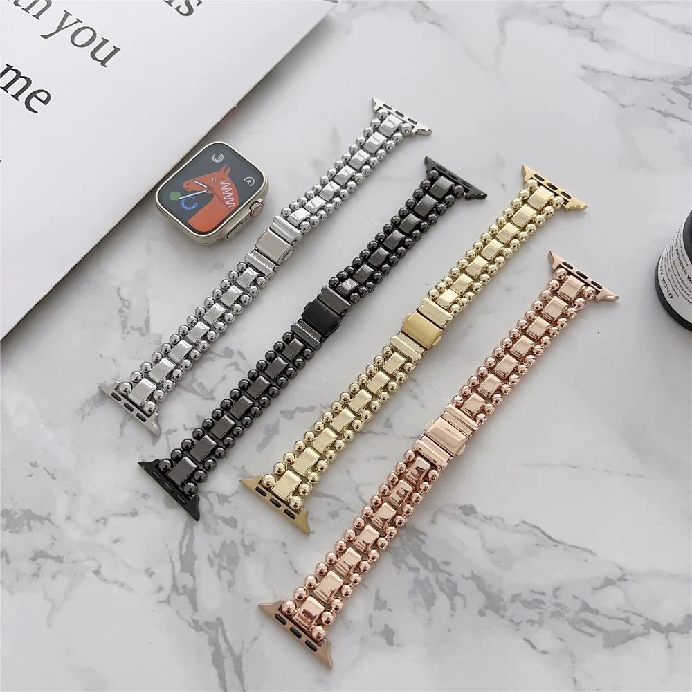 Watch Strap for Apple Watch Series 11 10 42mm / 9 8 7 41mm / SE3 SE2 SE 6 5 4 40mm / 3 2 1 38mm Metal Bead Watch Strap - Black - 4