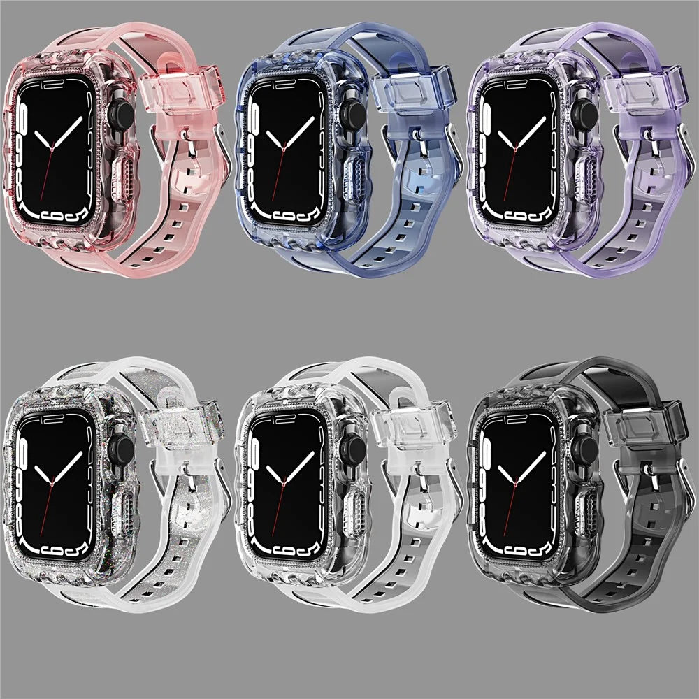 For Apple Watch Series 11 10 42mm / 9 8 7 41mm / SE3 SE2 SE 6 5 4 40mm / 3 2 1 38mm Watch Bands with Case Soft TPU Rugged Wristbands - Transparent - 4