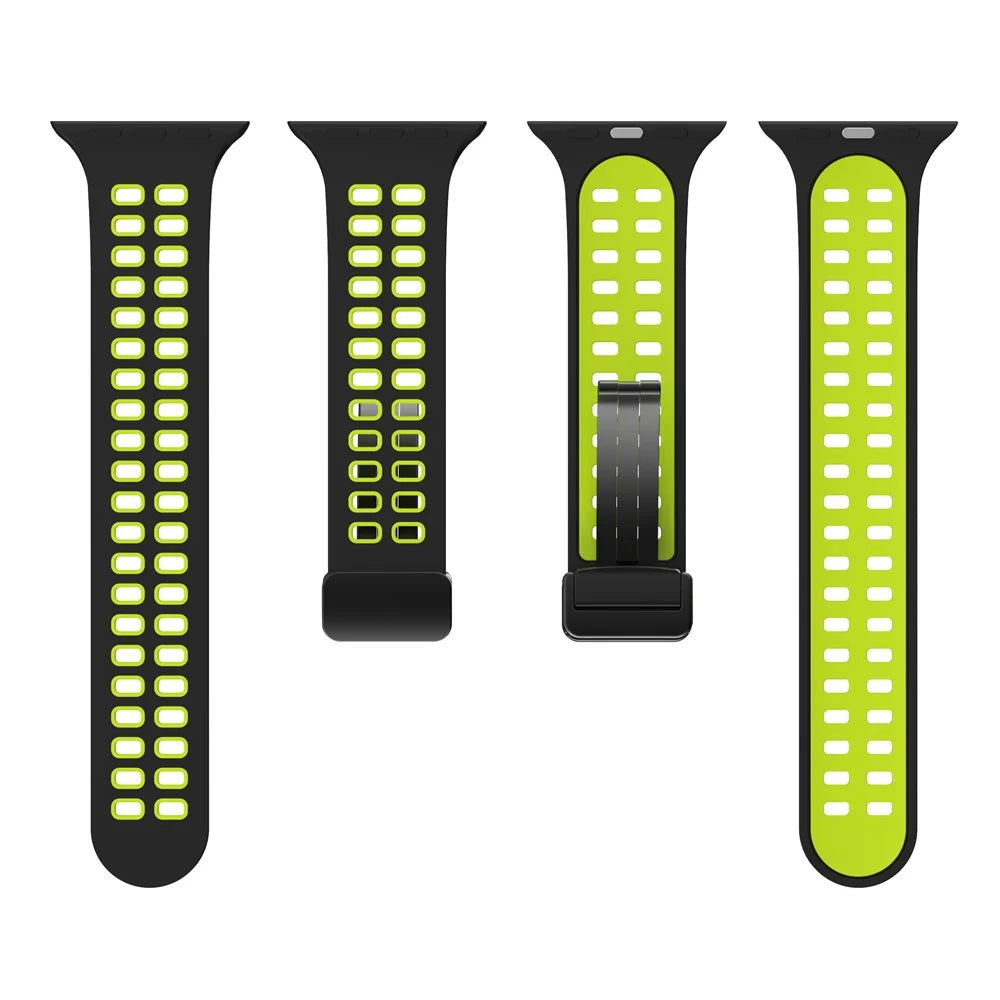 For Apple Watch Series 9 / 8 / 7 41mm / 6 / 5 / 4 / SE (2023) / SE (2022) / SE 40mm / 3 / 2 / 1 38mm Magnetic Band Dual Color Silicone Watch Strap - Black / Fluorescent Green - 2
