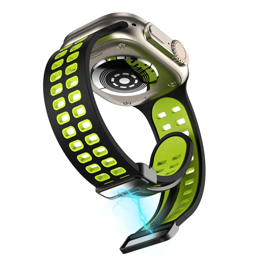 For Apple Watch Series 9 / 8 / 7 41mm / 6 / 5 / 4 / SE (2023) / SE (2022) / SE 40mm / 3 / 2 / 1 38mm Magnetic Band Dual Color Silicone Watch Strap - Black / Fluorescent Green - 3
