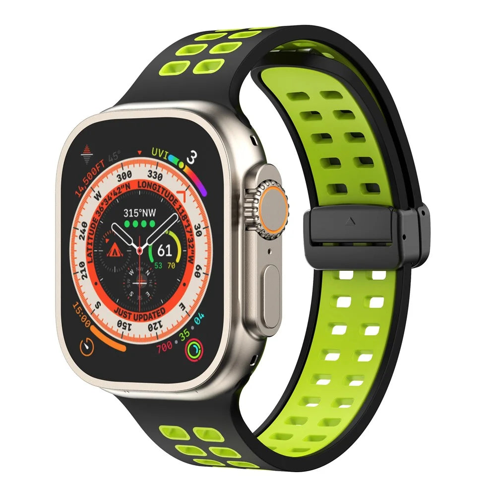 For Apple Watch Series 9 / 8 / 7 41mm / 6 / 5 / 4 / SE (2023) / SE (2022) / SE 40mm / 3 / 2 / 1 38mm Magnetic Band Dual Color Silicone Watch Strap - Black / Fluorescent Green - 4
