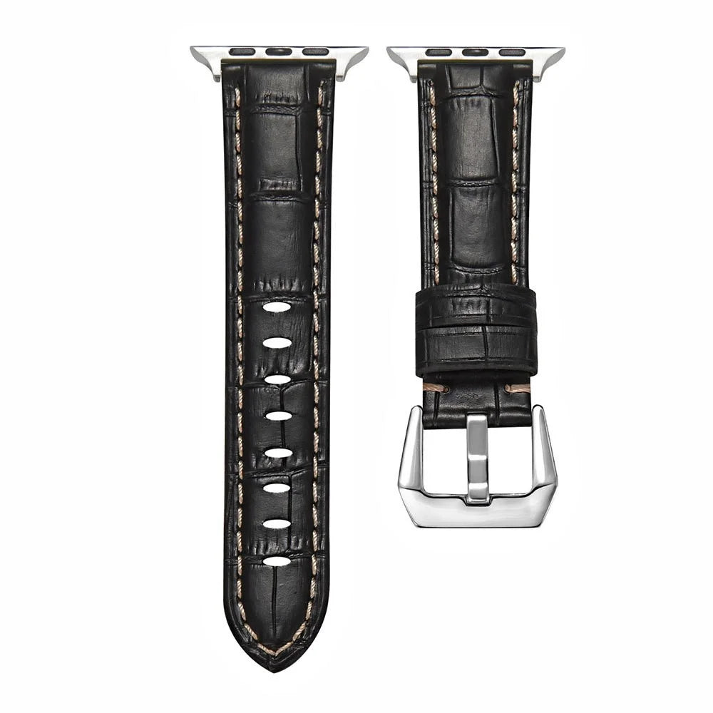 Watch Strap for Apple Watch Series 11 10 42mm / 9 8 7 41mm / SE3 SE2 SE 6 5 4 40mm / 3 2 1 38mm Genuine Leather Watch Band Silver Buckle Bracelet - Crocodile Texture / Black - 1