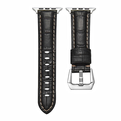 Watch Strap for Apple Watch Series 11 10 42mm / 9 8 7 41mm / SE3 SE2 SE 6 5 4 40mm / 3 2 1 38mm Genuine Leather Watch Band Silver Buckle Bracelet - Crocodile Texture / Black - 1