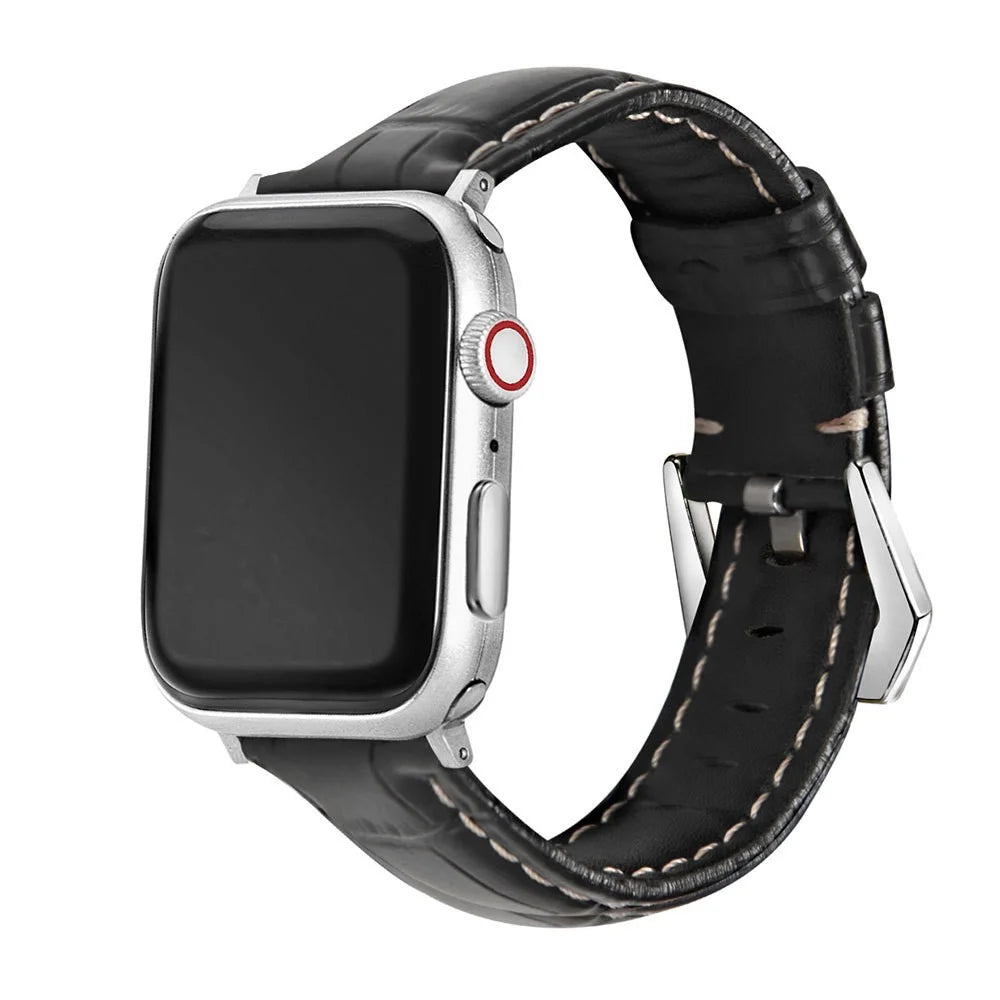 Watch Strap for Apple Watch Series 11 10 42mm / 9 8 7 41mm / SE3 SE2 SE 6 5 4 40mm / 3 2 1 38mm Genuine Leather Watch Band Silver Buckle Bracelet - Crocodile Texture / Black - 2