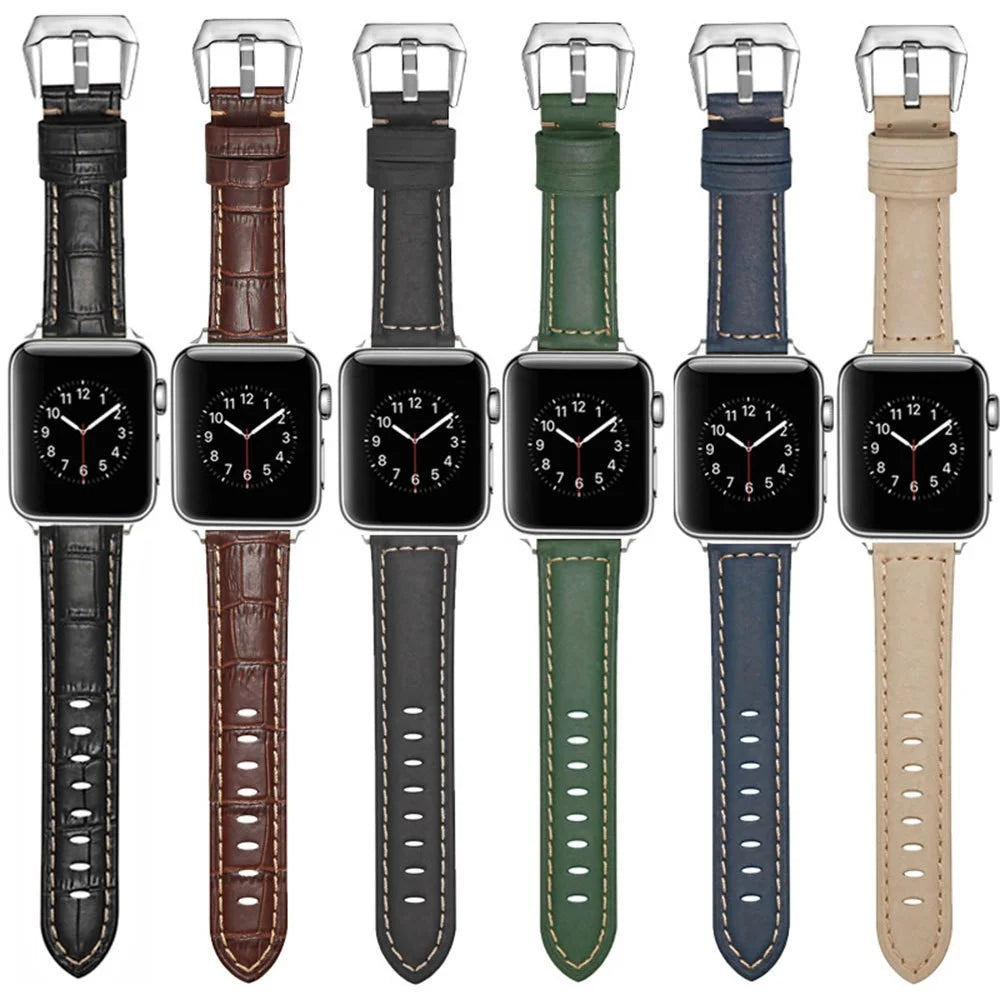 Watch Strap for Apple Watch Series 11 10 42mm / 9 8 7 41mm / SE3 SE2 SE 6 5 4 40mm / 3 2 1 38mm Genuine Leather Watch Band Silver Buckle Bracelet - Crocodile Texture / Black - 4