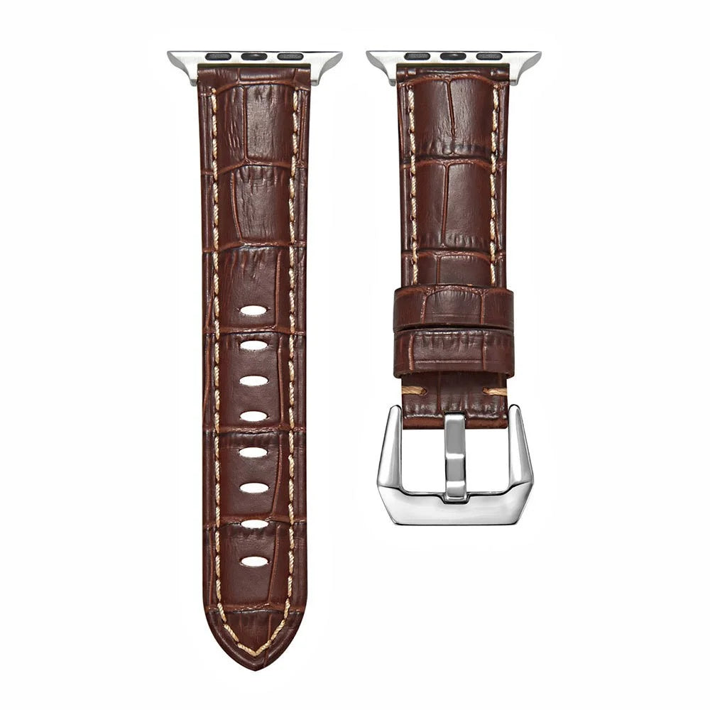 For Apple Watch Ultra 3 2 1 49mm / Series 11 10 46mm / 9 8 7 45mm / SE3 SE2 SE 6 5 4 44mm / 3 2 1 42mm Watch Band Genuine Leather Silver Buckle Strap - Crocodile Texture / Brown - 1