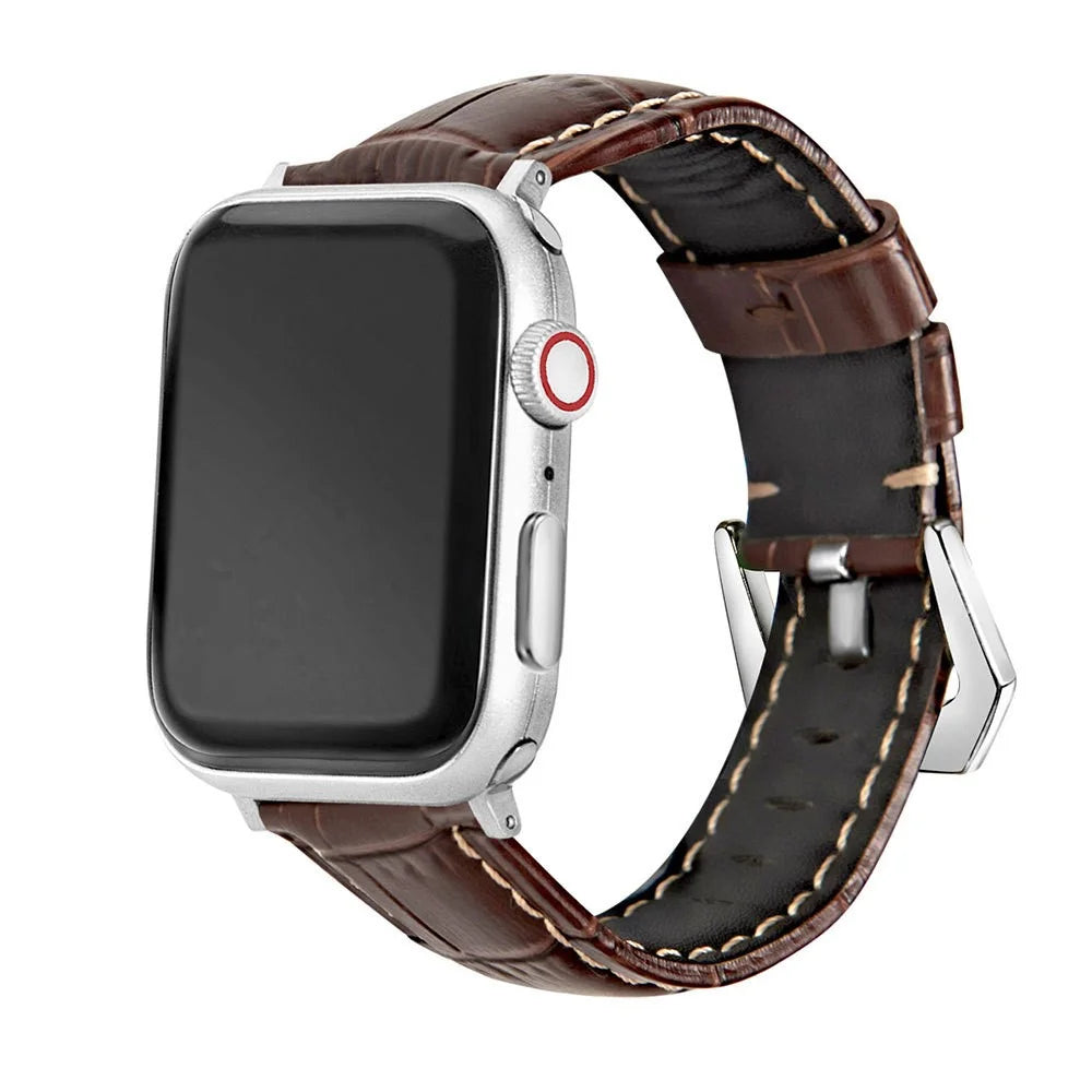 For Apple Watch Ultra 3 2 1 49mm / Series 11 10 46mm / 9 8 7 45mm / SE3 SE2 SE 6 5 4 44mm / 3 2 1 42mm Watch Band Genuine Leather Silver Buckle Strap - Crocodile Texture / Brown - 2