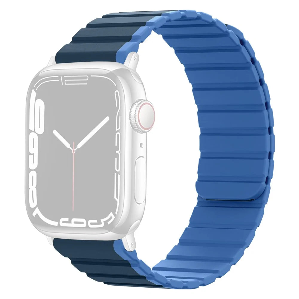 Silicone Watch Band for Apple Watch Series 11 10 42mm / 9 8 7 41mm / SE3 SE2 SE 6 5 4 40mm / 3 2 1 38mm Dual Color Adjustable Magnetic Strap - Dark Blue / Baby Blue - 1