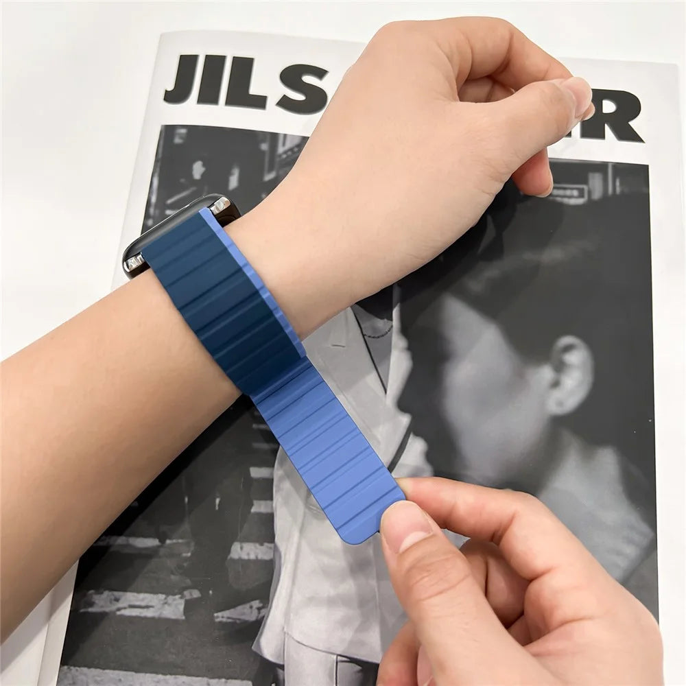 Silicone Watch Band for Apple Watch Series 11 10 42mm / 9 8 7 41mm / SE3 SE2 SE 6 5 4 40mm / 3 2 1 38mm Dual Color Adjustable Magnetic Strap - Dark Blue / Baby Blue - 3