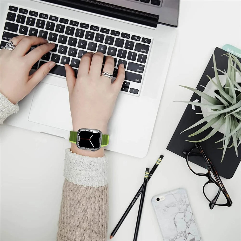Silicone Watch Band for Apple Watch Series 11 10 42mm / 9 8 7 41mm / SE3 SE2 SE 6 5 4 40mm / 3 2 1 38mm Dual Color Adjustable Magnetic Strap - Dark Blue / Baby Blue - 4