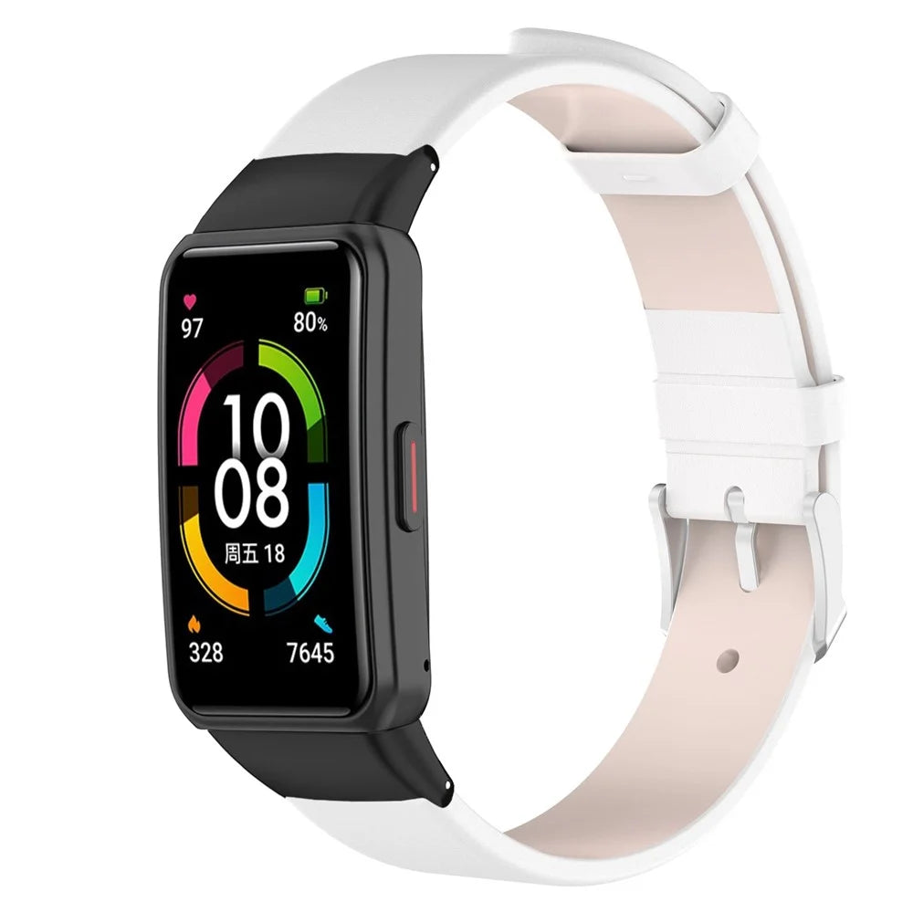 For Huawei Band 6 / 6 Pro / Honor Band 6 / 7 Leather Watch Band Adjustable Wrist Strap, Black Connector - White - 2