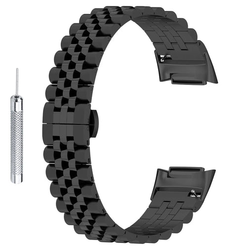 For Fitbit Charge 6 / 5 Stainless Steel Metal Watch Band 5 Beads Butterfly Buckle Clasp Bracelet Strap with Tool - Black - 1