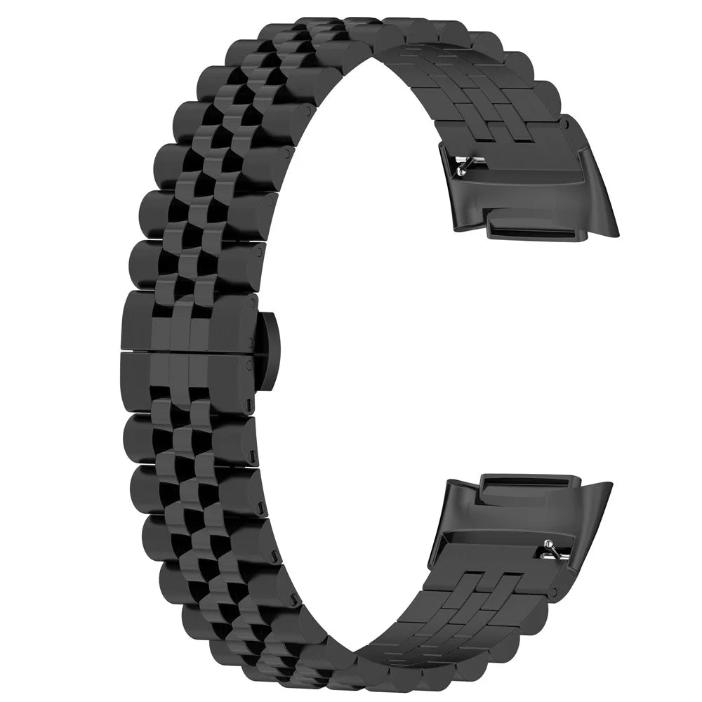 For Fitbit Charge 6 / 5 Stainless Steel Metal Watch Band 5 Beads Butterfly Buckle Clasp Bracelet Strap with Tool - Black - 2