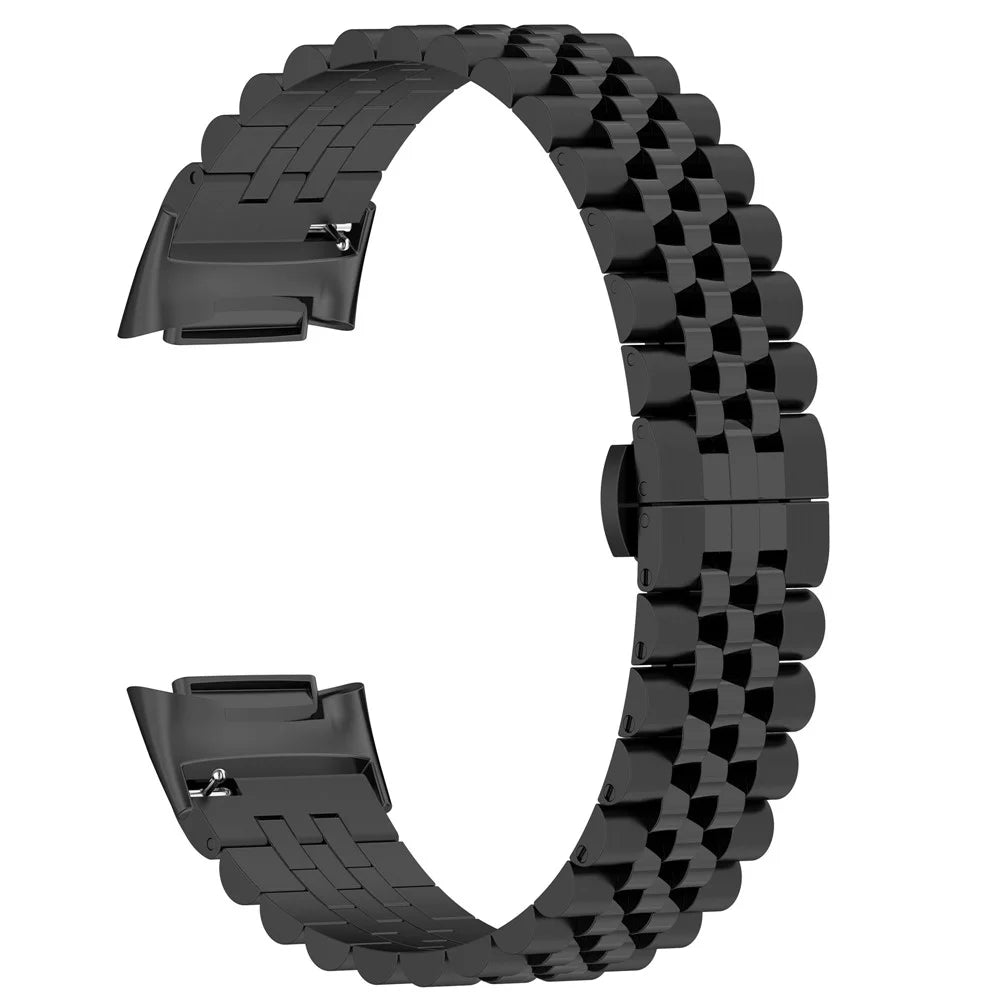 For Fitbit Charge 6 / 5 Stainless Steel Metal Watch Band 5 Beads Butterfly Buckle Clasp Bracelet Strap with Tool - Black - 3
