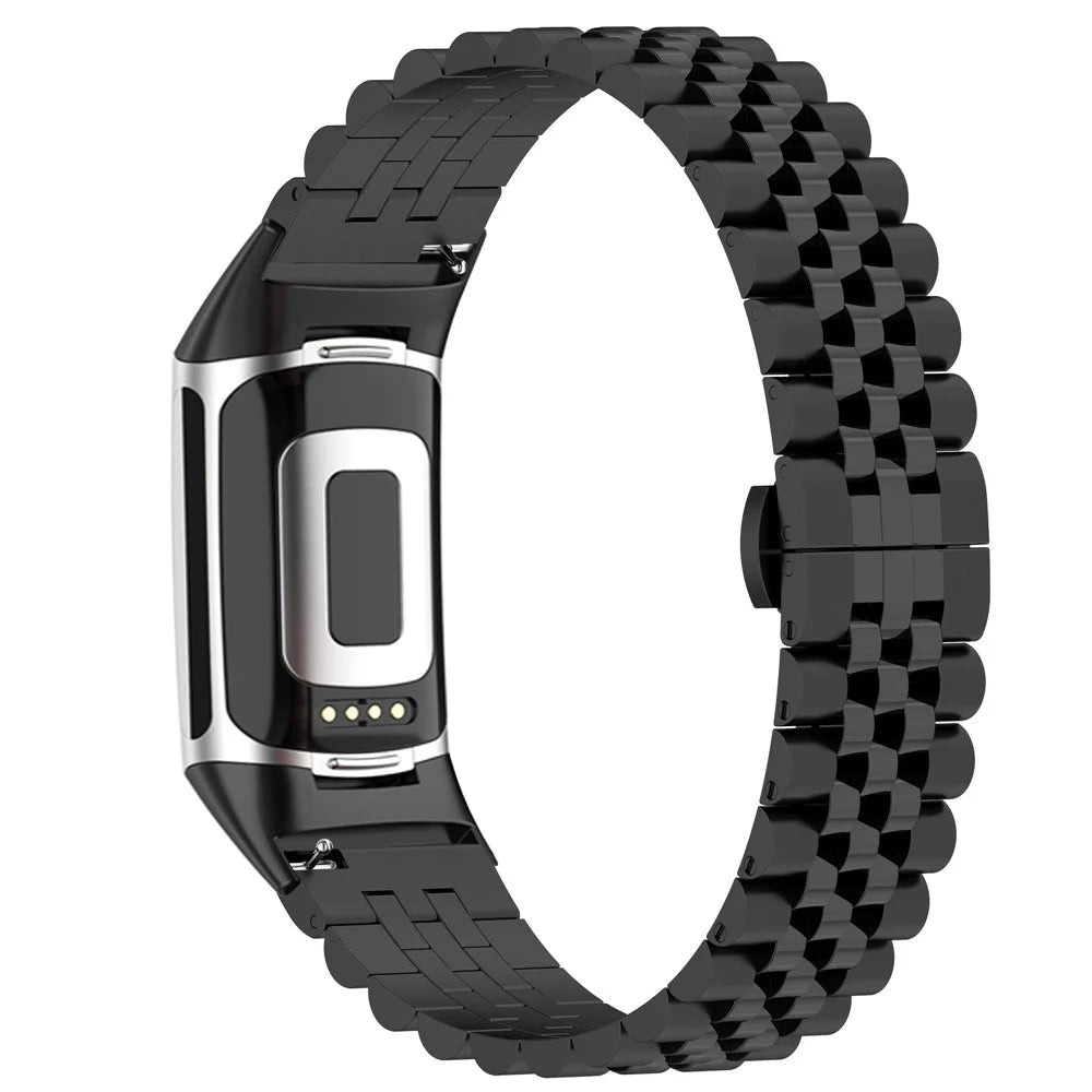 For Fitbit Charge 6 / 5 Stainless Steel Metal Watch Band 5 Beads Butterfly Buckle Clasp Bracelet Strap with Tool - Black - 4