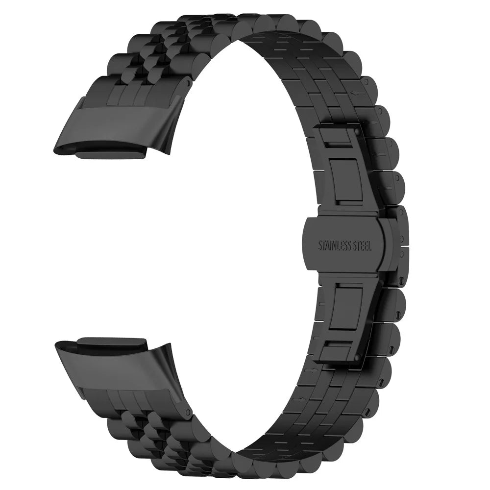 For Fitbit Charge 6 / 5 Stainless Steel Metal Watch Band 5 Beads Butterfly Buckle Clasp Bracelet Strap with Tool - Black - 5
