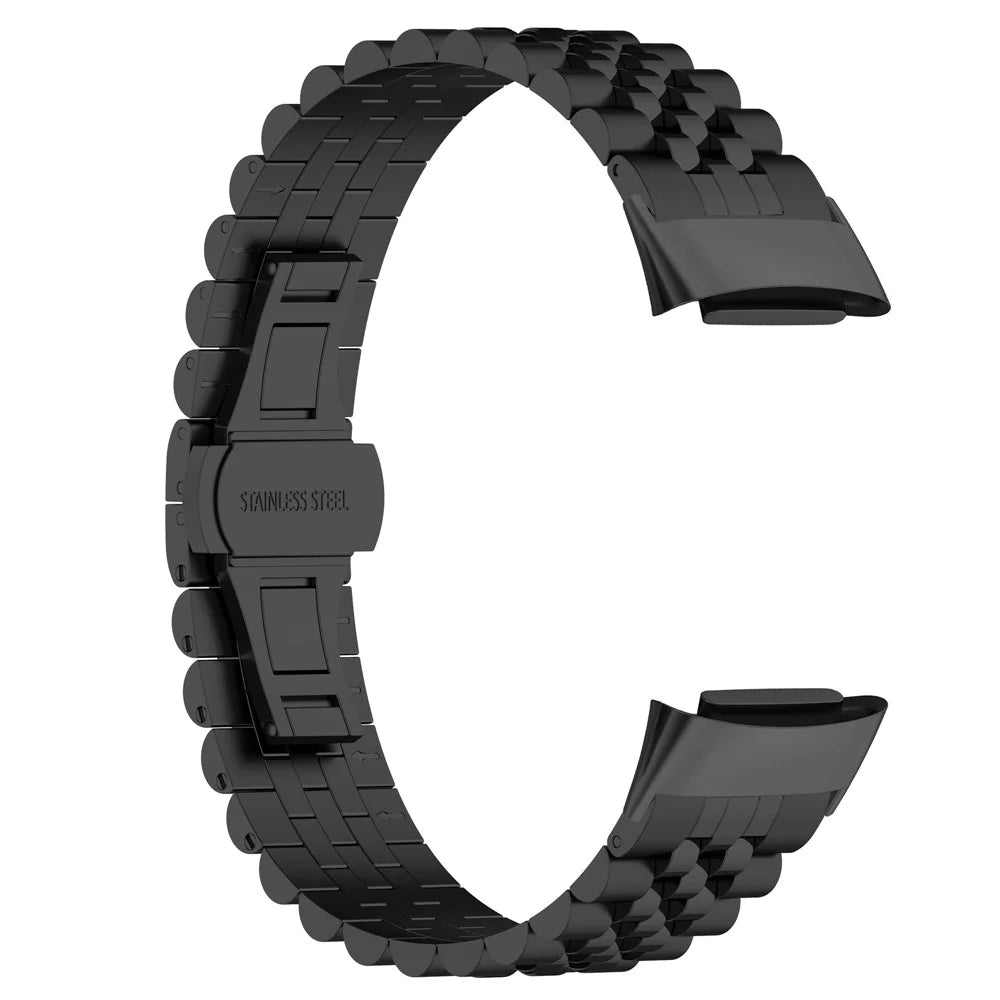 For Fitbit Charge 6 / 5 Stainless Steel Metal Watch Band 5 Beads Butterfly Buckle Clasp Bracelet Strap with Tool - Black - 6