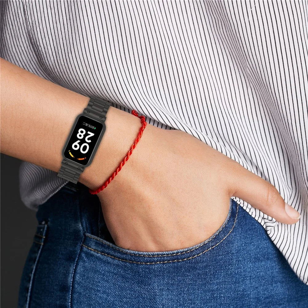 For Xiaomi Redmi Band 2 Watch Band 5-Bead Stainless Steel 18mm Watch Strap with Watch Case - Black - 7