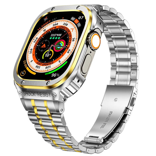 For Apple Watch Series 6 / 5 / 4 / SE (2022) / SE 44mm 5 Beads Metal Watch Strap Integral Watch Band with Case - Silver / Gold - 1