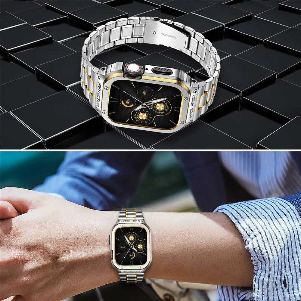 For Apple Watch Series 6 / 5 / 4 / SE (2022) / SE 44mm 5 Beads Metal Watch Strap Integral Watch Band with Case - Silver / Gold - 3