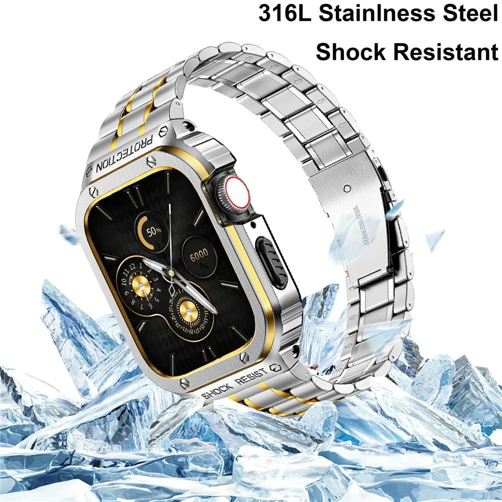 For Apple Watch Series 6 / 5 / 4 / SE (2022) / SE 44mm 5 Beads Metal Watch Strap Integral Watch Band with Case - Silver / Gold - 4