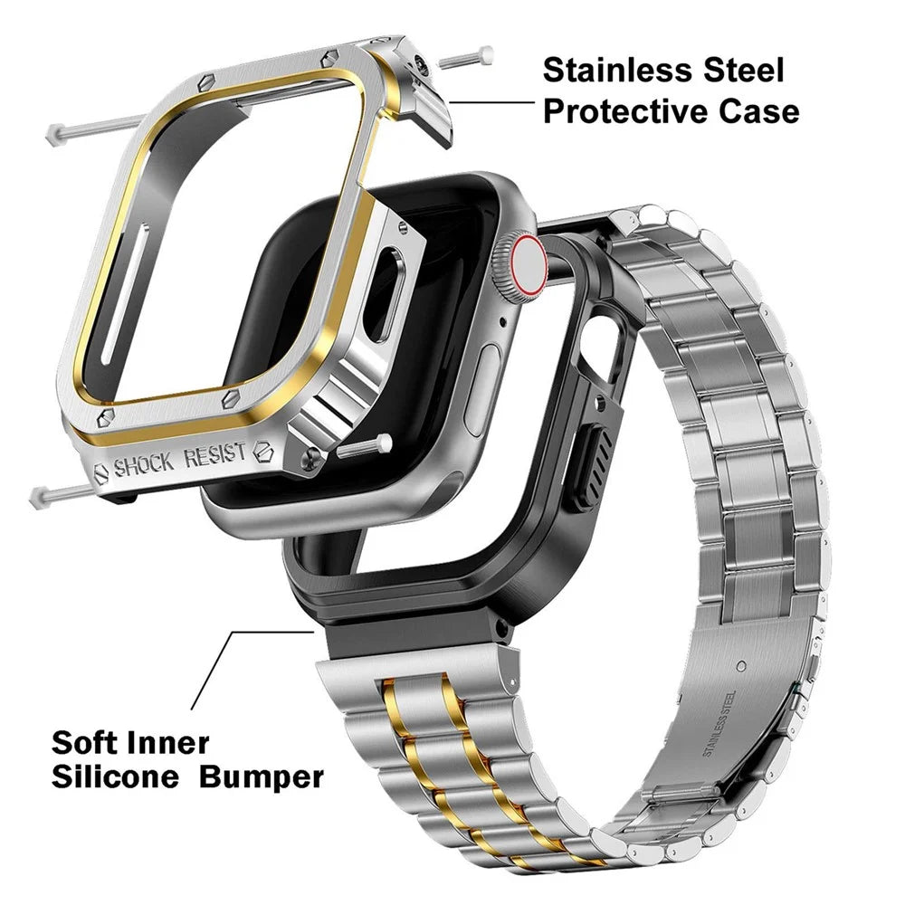 For Apple Watch Series 6 / 5 / 4 / SE (2022) / SE 44mm 5 Beads Metal Watch Strap Integral Watch Band with Case - Silver / Gold - 5